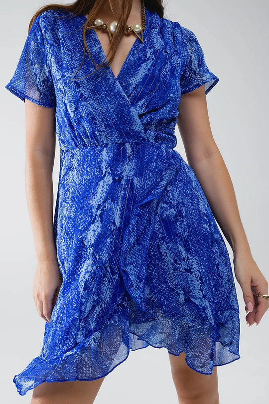 Robe courte enveloppante en imprimé animal bleu et lurex doré - Vestidos