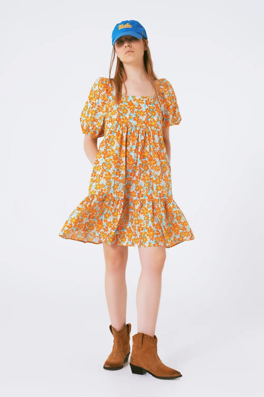 Robe courte et ample à imprimé floral et manches bouffantes - Vestidos