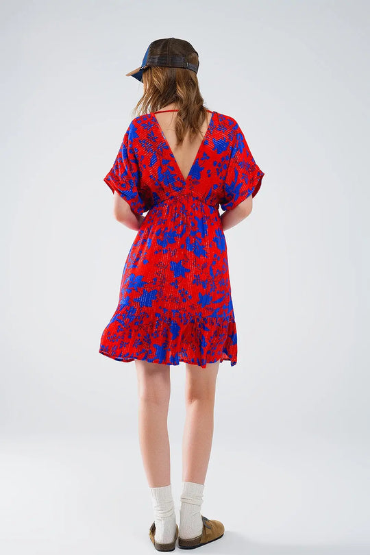 Robe courte et fluide en rouge avec imprimé floral bleu - Vestidos