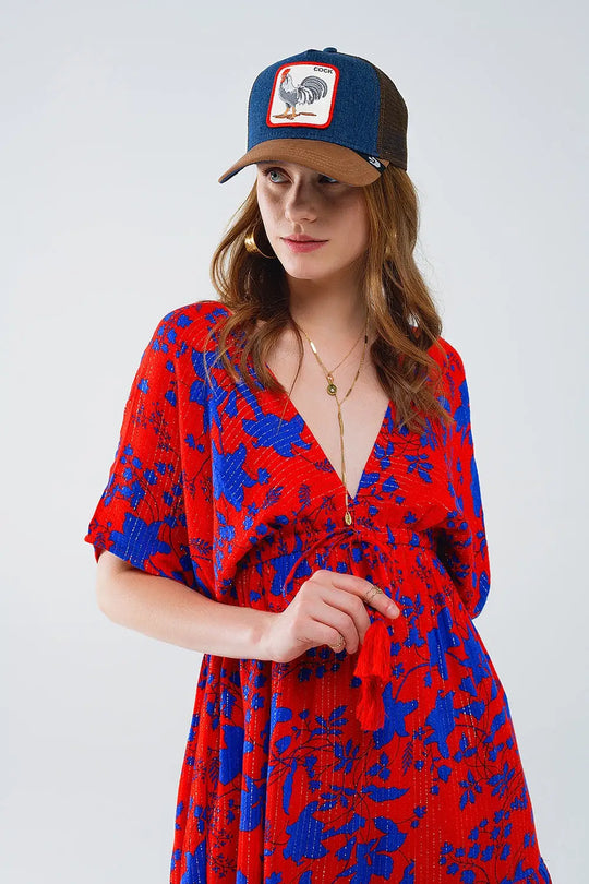 Robe courte et fluide en rouge avec imprimé floral bleu - Vestidos