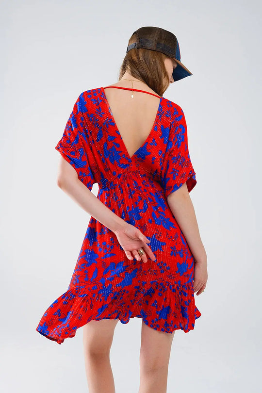 Robe courte et fluide en rouge avec imprimé floral bleu - Vestidos