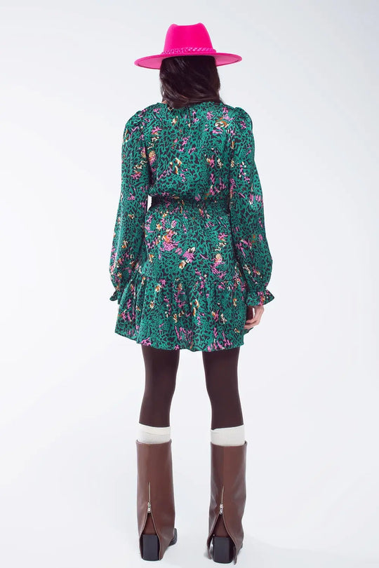 Robe courte imprimée avec jupe à volants en vert forêt - Vestidos