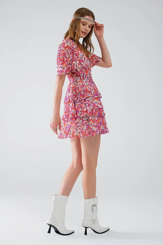Robe courte multicolore à imprimé floral et à motif froncé - Vestidos