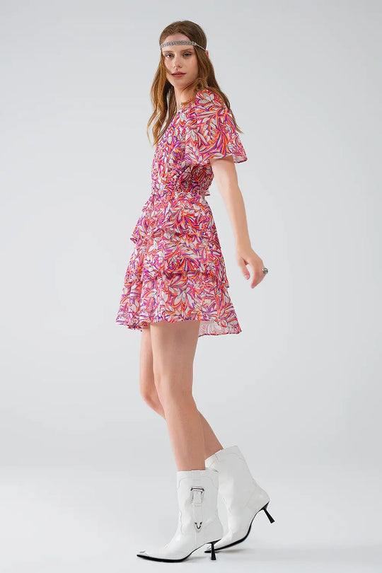 Robe courte multicolore à imprimé floral et à motif froncé - Vestidos