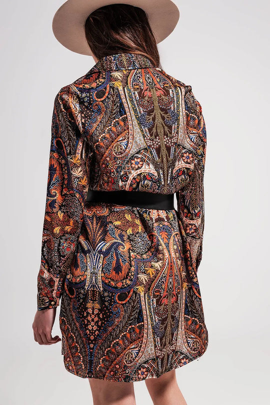 Robe courte noire à manches longues avec imprimé motif cachemire - Vestidos