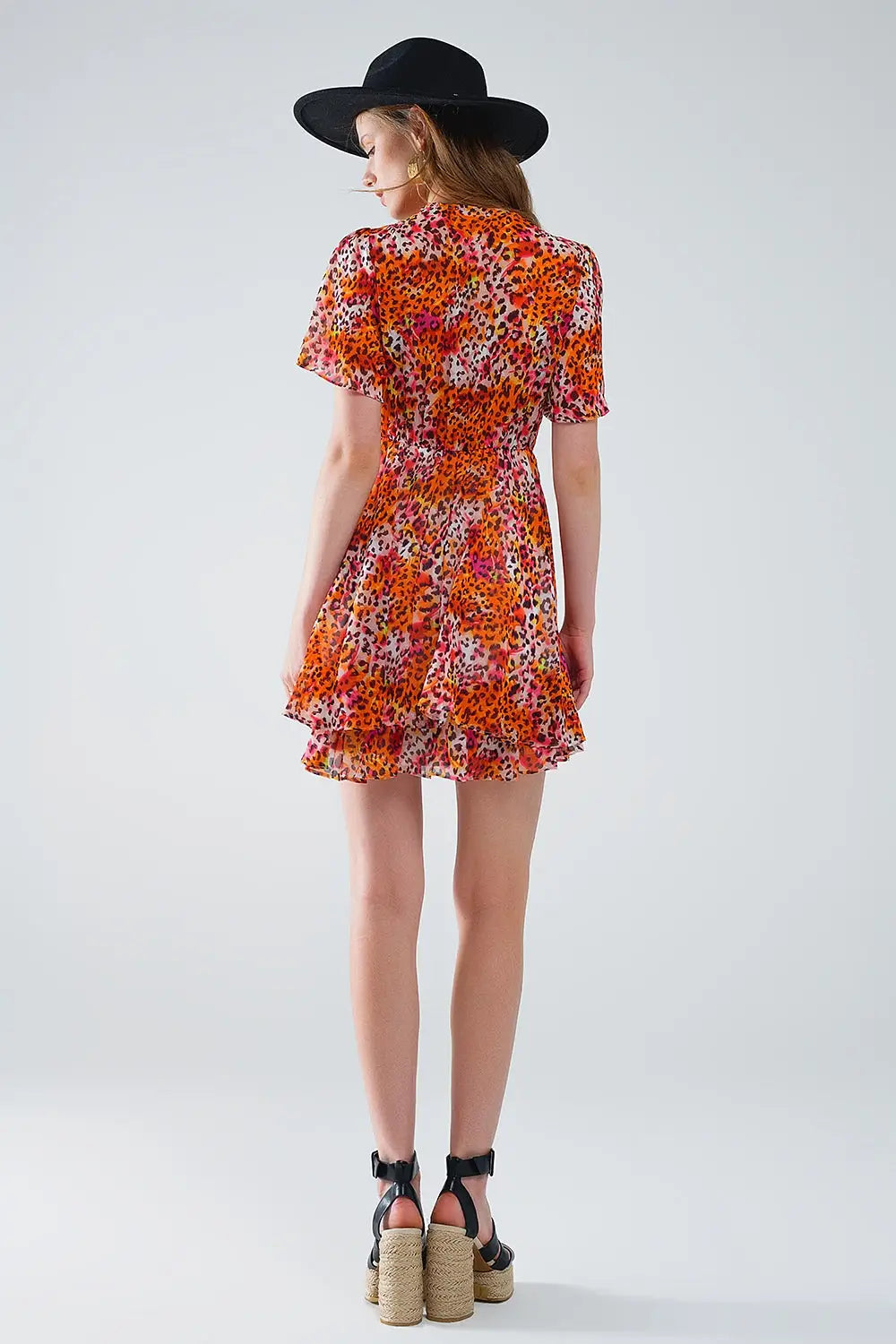 Robe courte orange multicolore avec top croisé à imprimé animalier - Vestidos