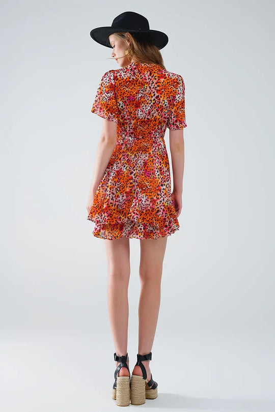 Robe courte orange multicolore avec top croisé à imprimé animalier - Vestidos