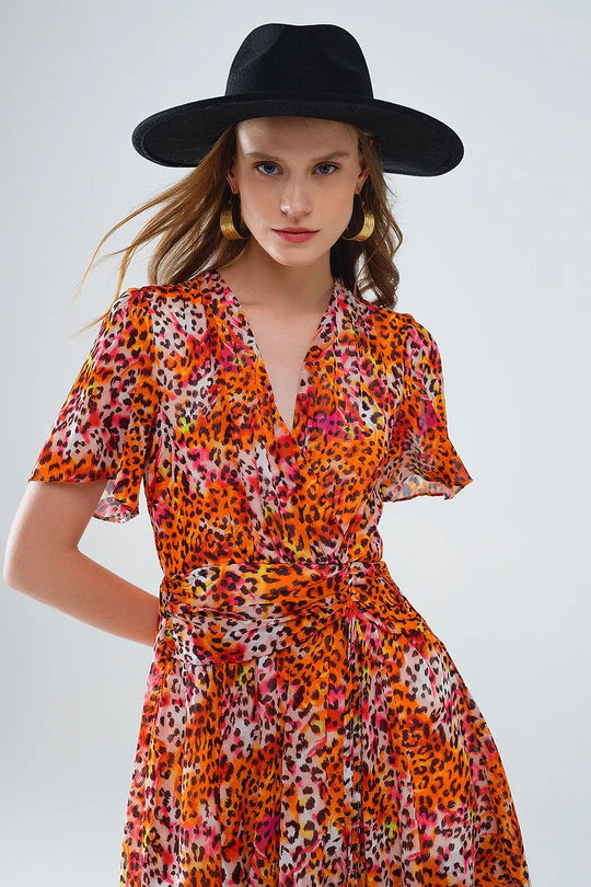 Robe courte orange multicolore avec top croisé à imprimé animalier - Vestidos