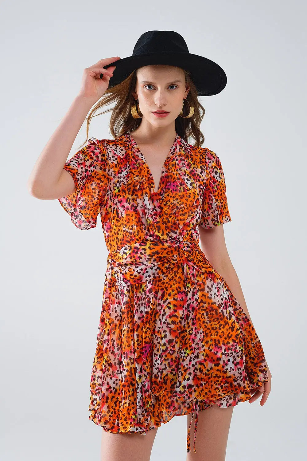 Robe courte orange multicolore avec top croisé à imprimé animalier - Vestidos