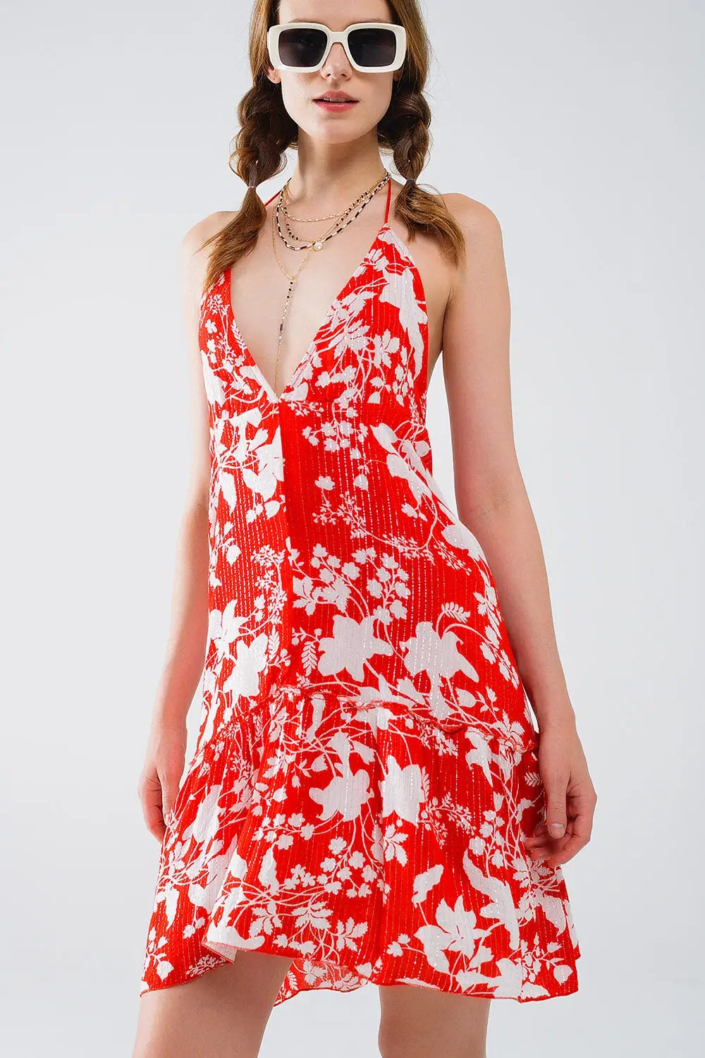 Robe courte rouge à imprimé fleuri Boho avec détails en lurex - Vestidos