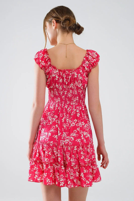 Robe courte rouge à imprimé floral blanc et taille élastique - Vestidos