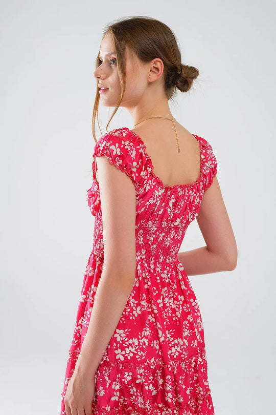 Robe courte rouge à imprimé floral blanc et taille élastique - Vestidos