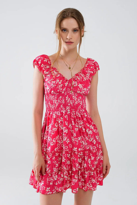 Robe courte rouge à imprimé floral blanc et taille élastique - Vestidos