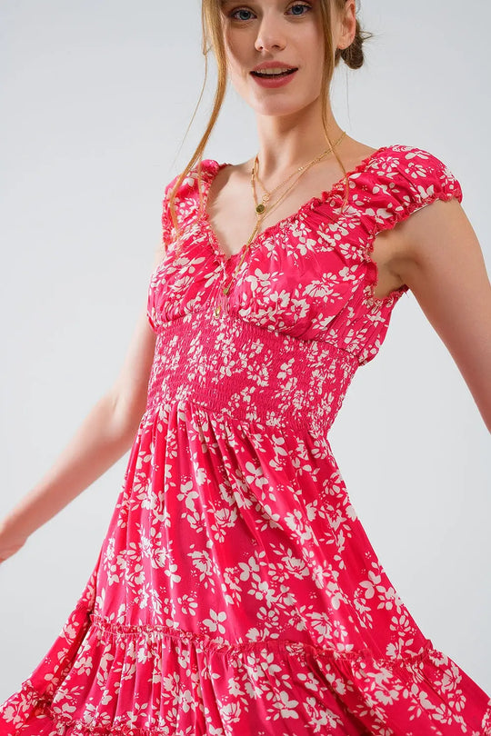 Robe courte rouge à imprimé floral blanc et taille élastique - Vestidos