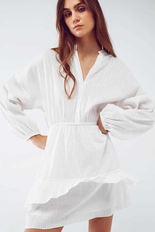 Robe courte skater à manches longues et à texture en blanc - Vestidos