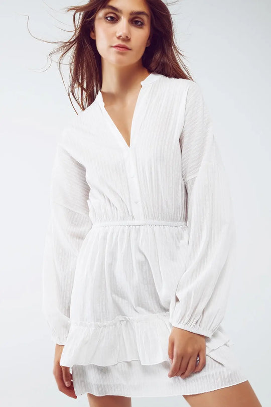 Robe courte skater à manches longues et à texture en blanc - Vestidos