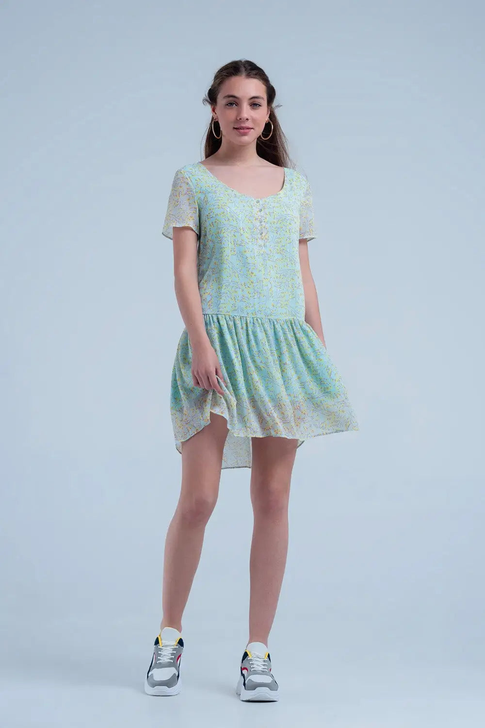 Robe courte vert à fleurs - Vestidos