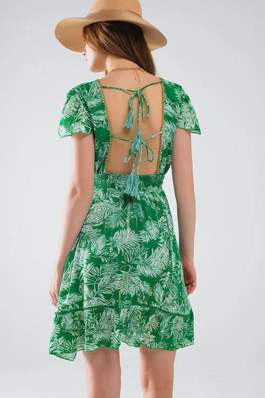 robe courte verte à imprimé floral boho et dos ouvert - Vestidos