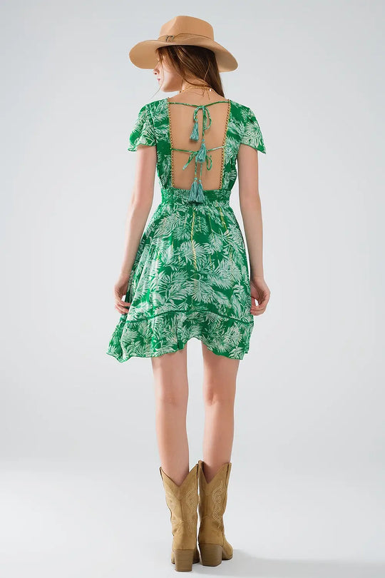 robe courte verte à imprimé floral boho et dos ouvert - Vestidos