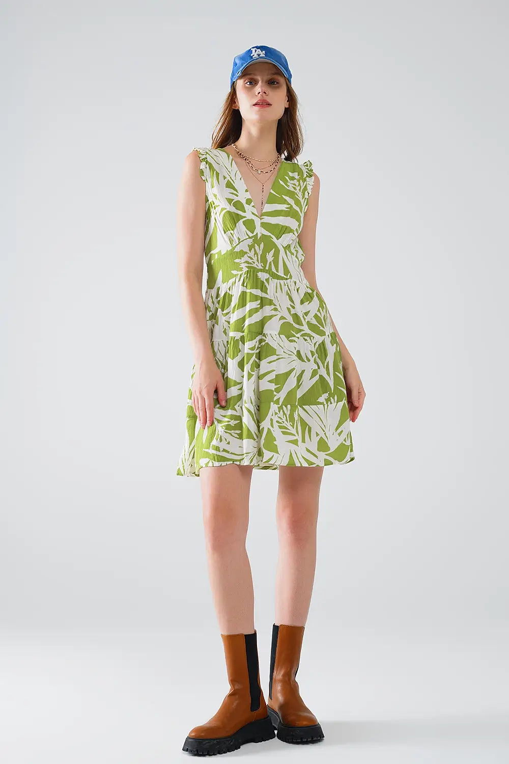 robe courte verte avec imprimé palmier tropical - Vestidos