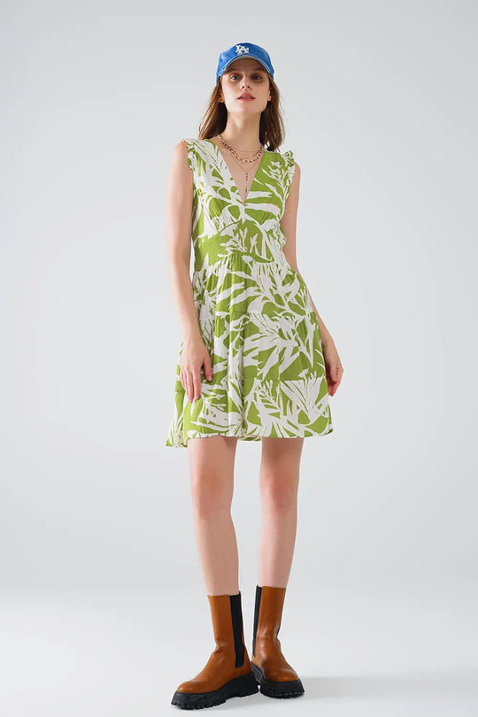 robe courte verte avec imprimé palmier tropical - Vestidos