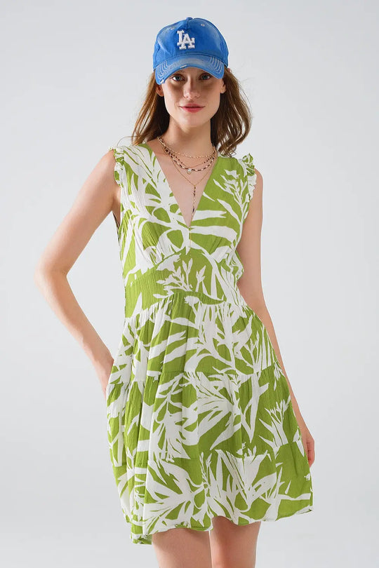robe courte verte avec imprimé palmier tropical - Vestidos
