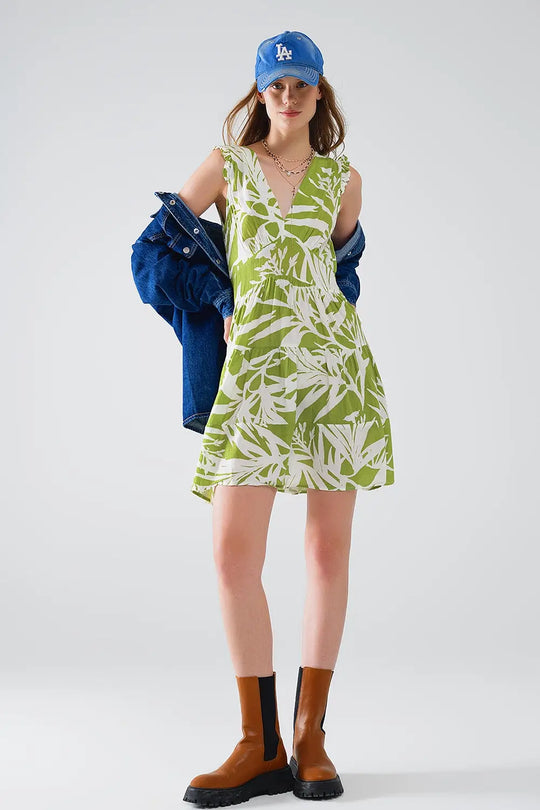robe courte verte avec imprimé palmier tropical - Vestidos