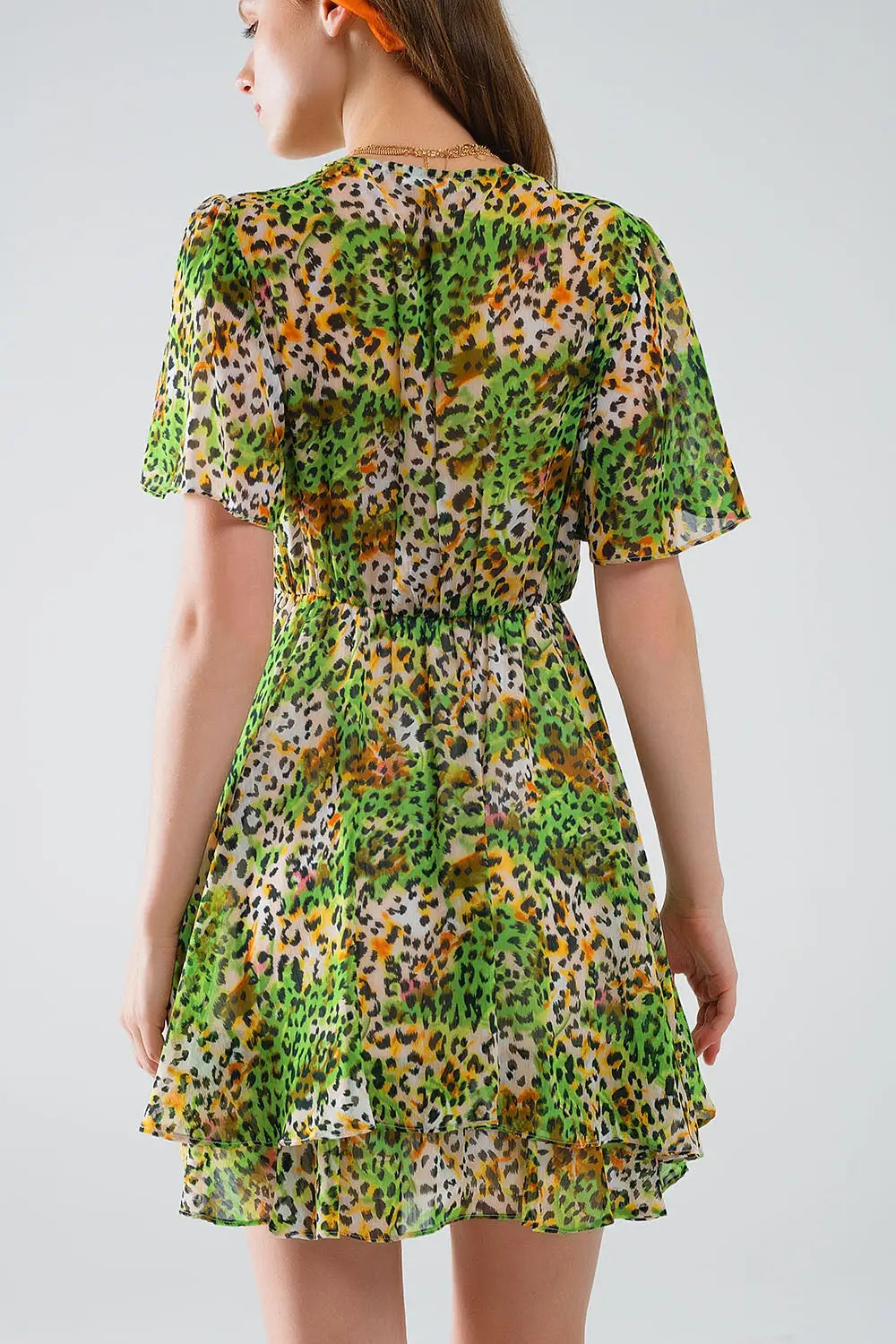 Robe courte verte multicolore avec top croisé à imprimé animalier - Vestidos