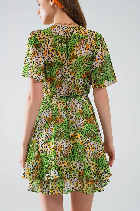 Robe courte verte multicolore avec top croisé à imprimé animalier - Vestidos