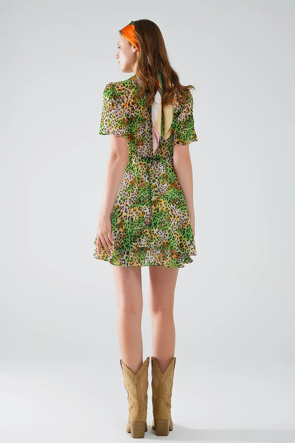 Robe courte verte multicolore avec top croisé à imprimé animalier - Vestidos