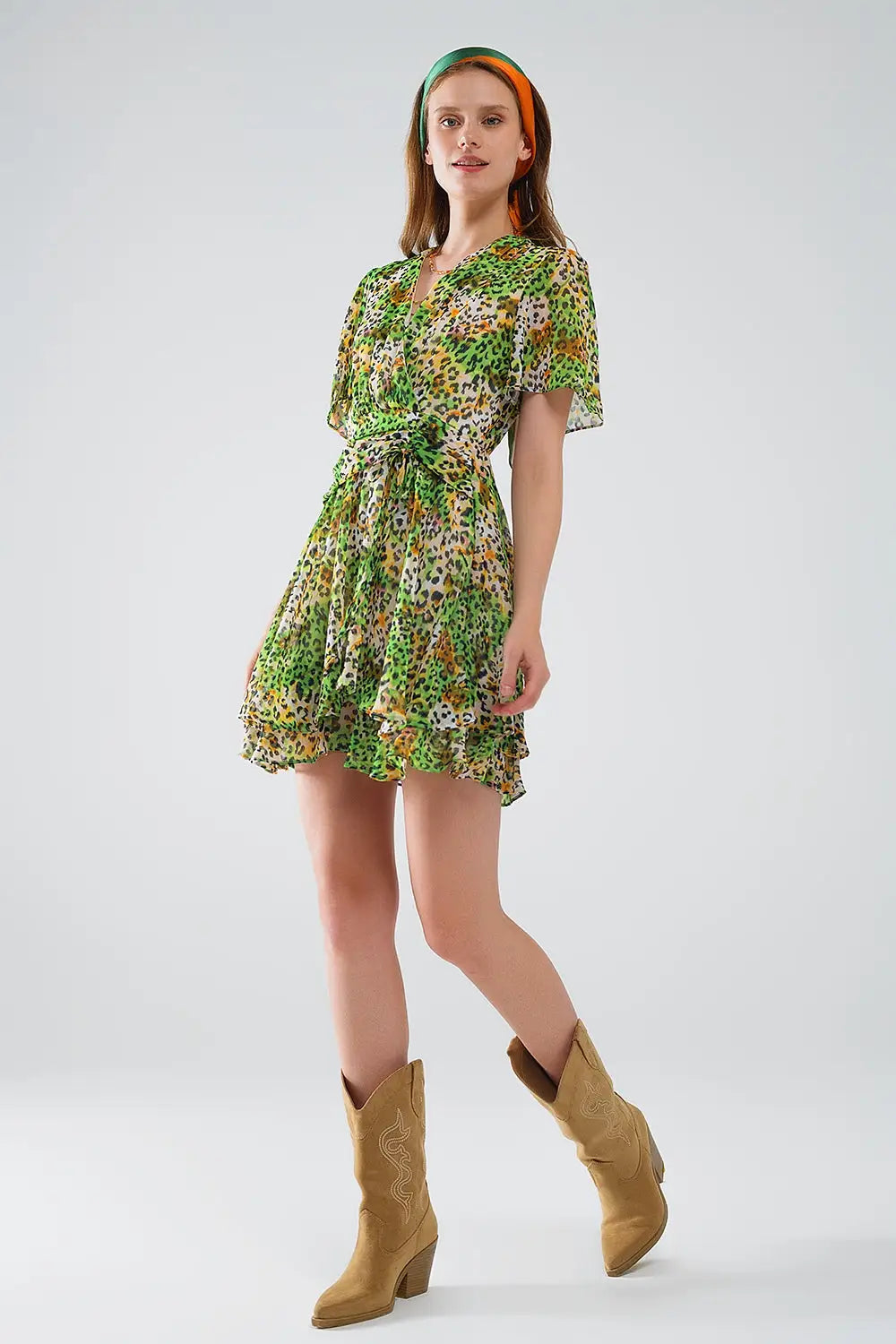 Robe courte verte multicolore avec top croisé à imprimé animalier - Vestidos
