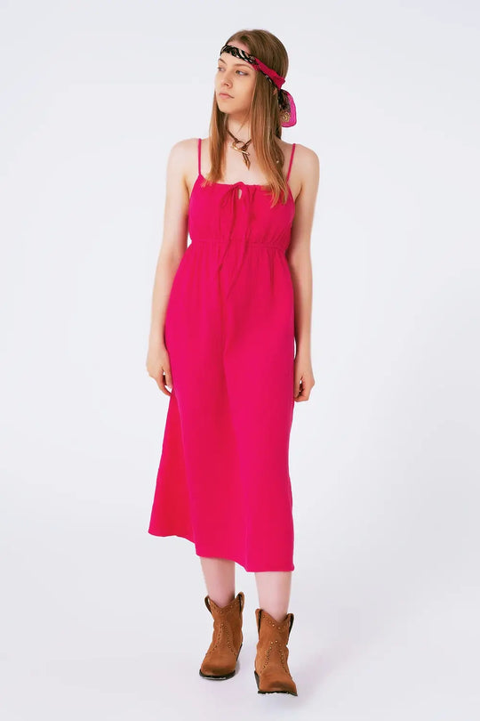 Robe d’été longue fuchsia à bretelles et taille froncée - Vestidos
