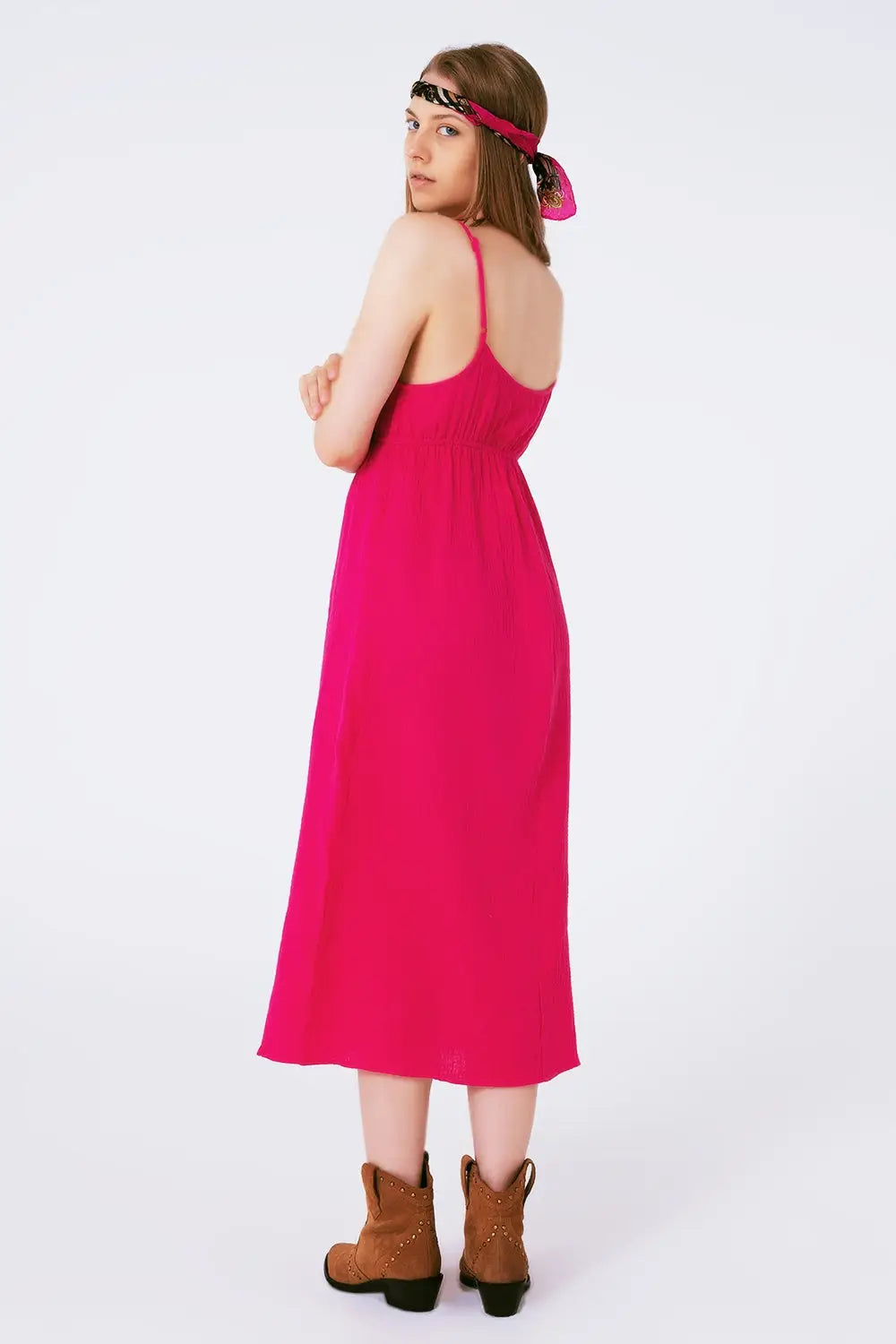 Robe d’été longue fuchsia à bretelles et taille froncée - Vestidos