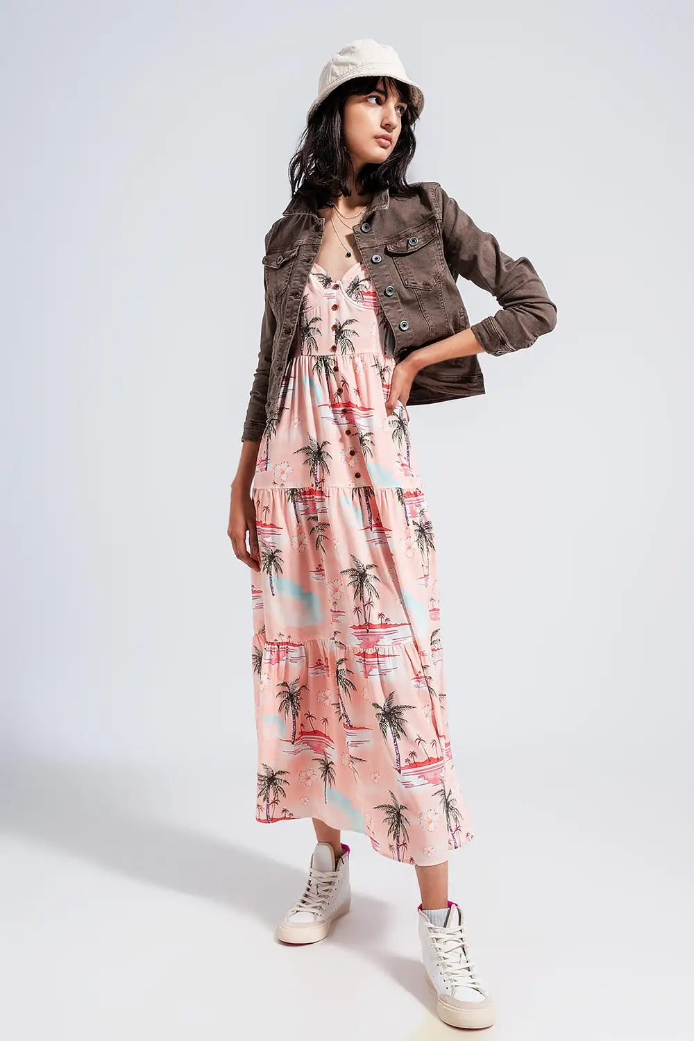 Robe de plage longue à fines bretelles et imprimé tropique - Vestidos