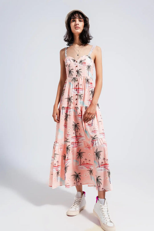 Robe de plage longue à fines bretelles et imprimé tropique - Vestidos