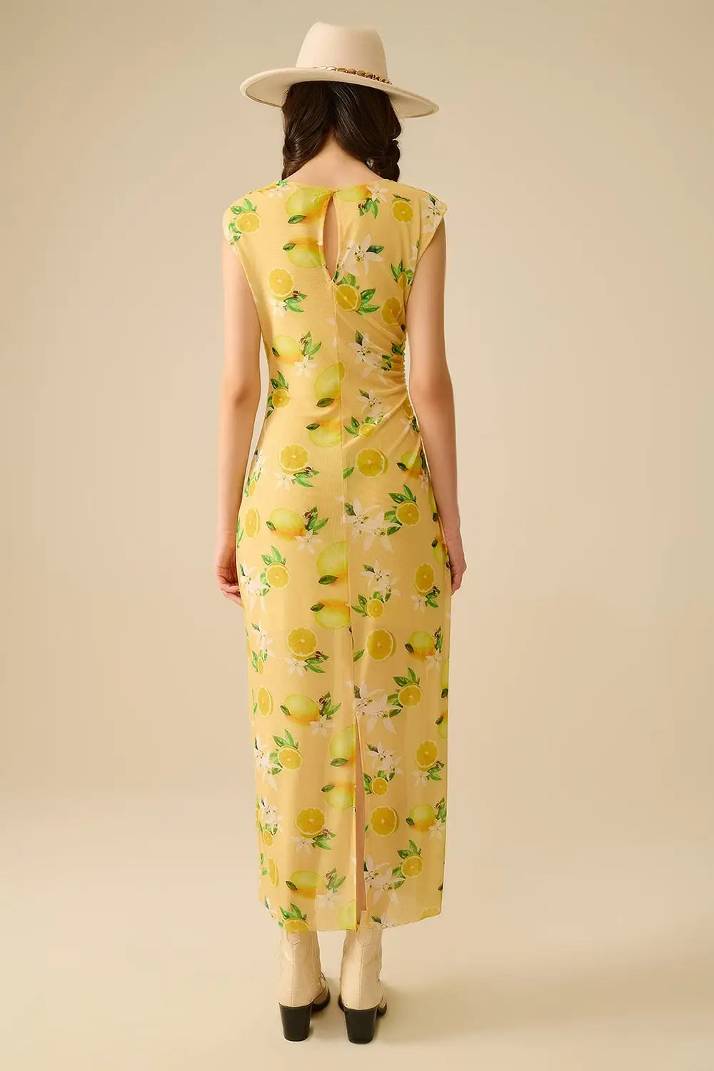 Robe en tulle avec volant sur le côté imprimé jaune citron - Vestidos