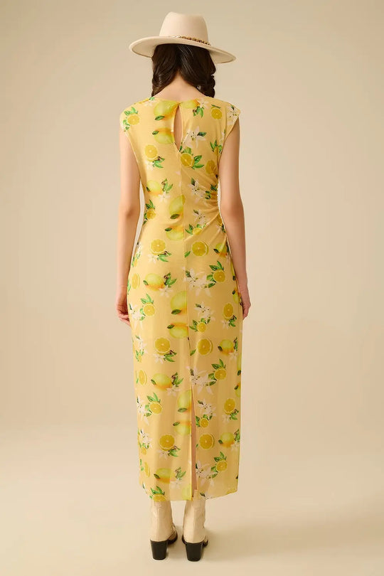 Robe en tulle avec volant sur le côté imprimé jaune citron - Vestidos
