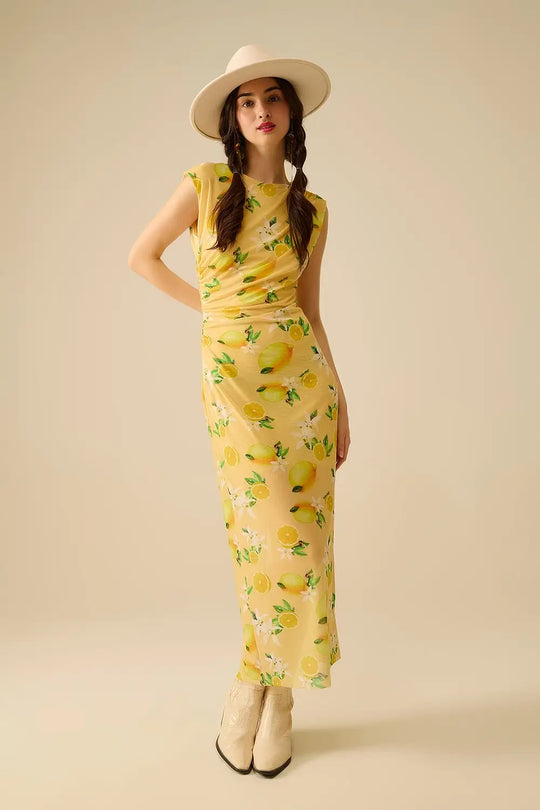 Q2 Robe en tulle avec volant sur le côté imprimé jaune citron