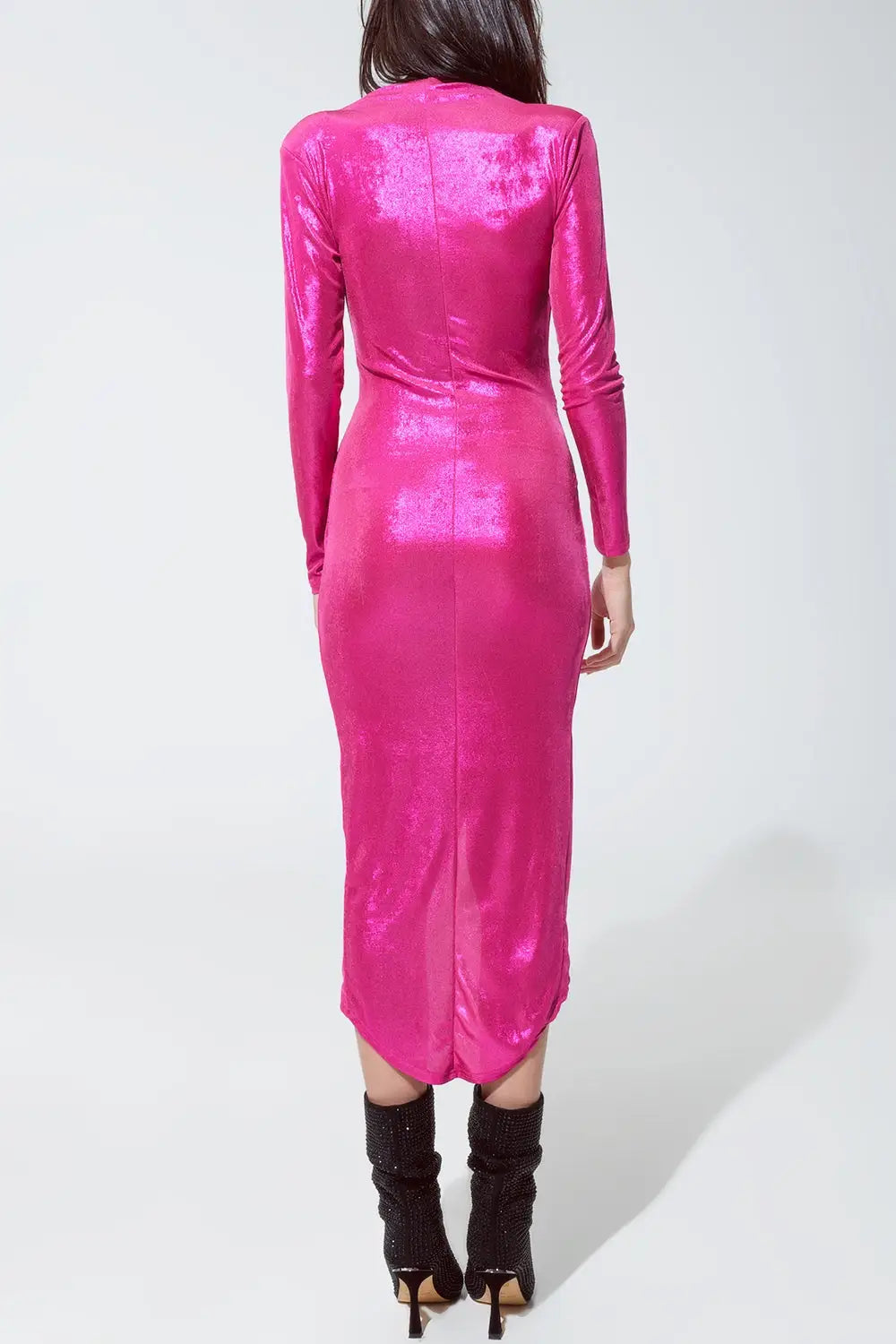 Robe fête enveloppée à encolure plongeante en rose métallisé - Vestidos