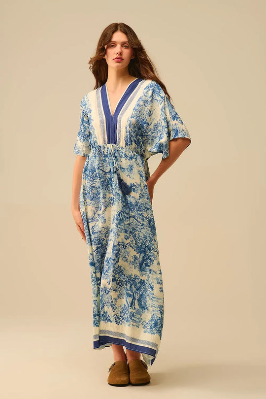 Robe fluide à col en V avec imprimé Toile de Jouy - Vestidos