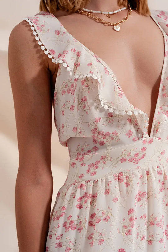 Robe fluide courte en plumetis avec décolleté plongeant imprimé fleurs rose - Vestidos