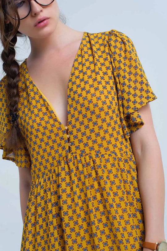 Robe jaune avec vol et motif géométrique - Vestidos
