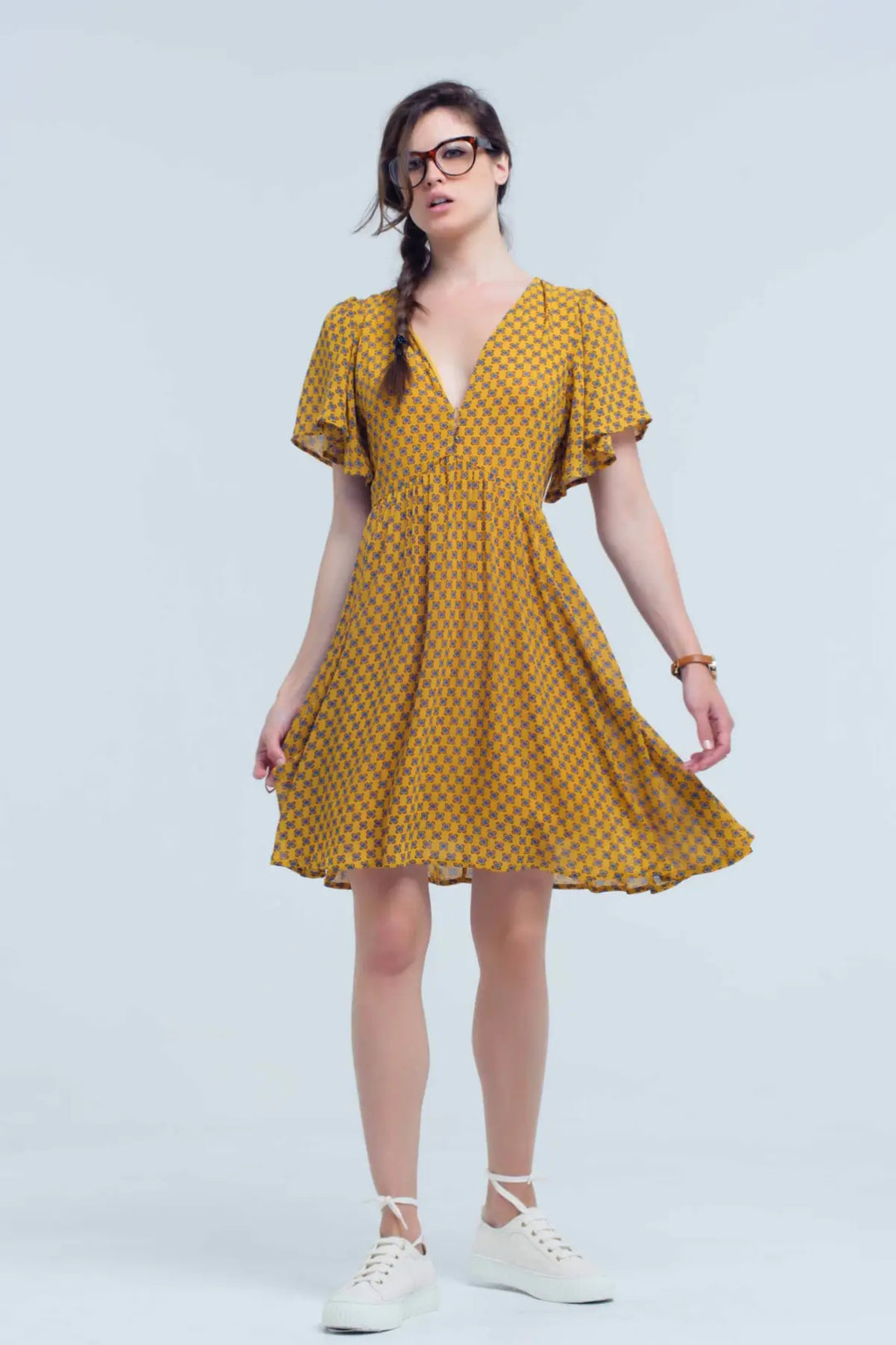 Robe jaune avec vol et motif géométrique - Vestidos