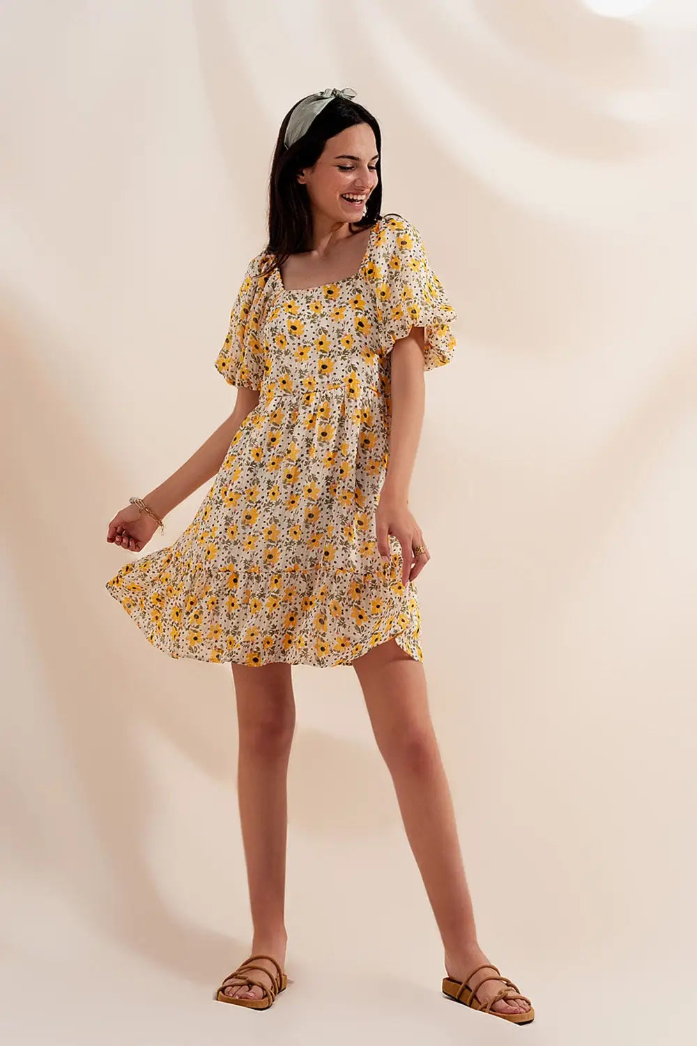 Robe jaune large à manches bouffantes - Vestidos
