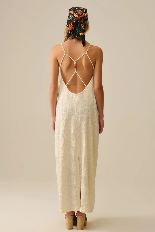 Robe longue à bretelles perlées dans le dos crème - Vestidos