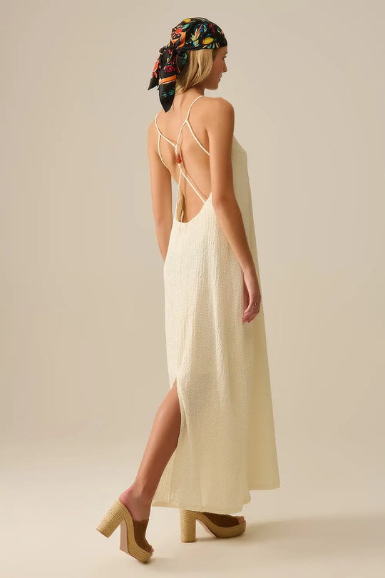 Robe longue à bretelles perlées dans le dos crème - Vestidos