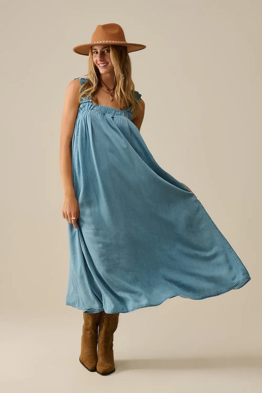 Robe longue à bretelles volantées en tissu tencel bleu clair - Vestidos