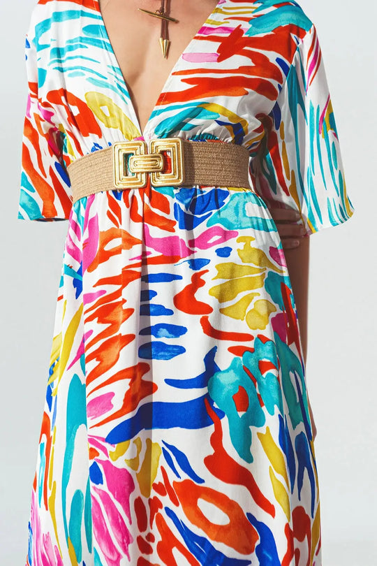 Robe Longue à Col en V et Imprimé Multicolore - Vestidos