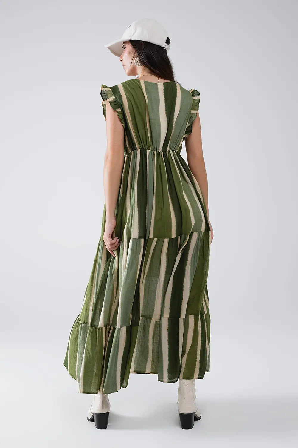 Robe longue à col en V et jupe à volants en vert rayé - Vestidos