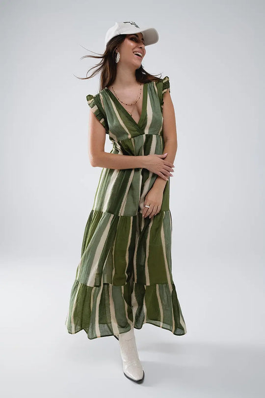 Robe longue à col en V et jupe à volants en vert rayé - Vestidos
